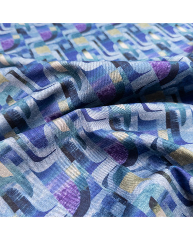 Jerse tweed dublat cu imprimeu geometric în nuanțe de albastru și mov