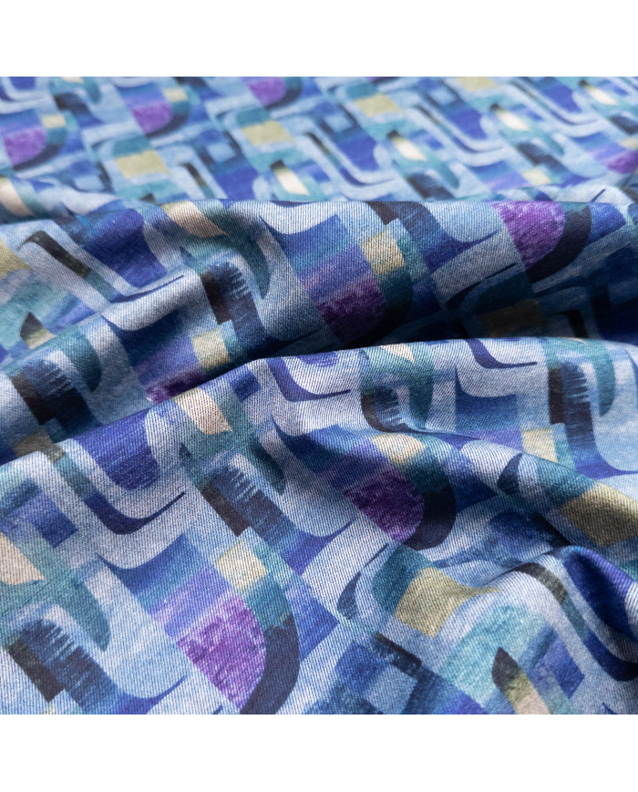 Jerse tweed dublat cu imprimeu geometric în nuanțe de albastru și mov
