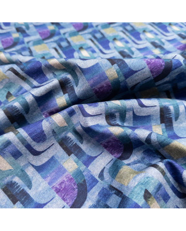 Jerse tweed dublat cu imprimeu geometric în nuanțe de albastru și mov