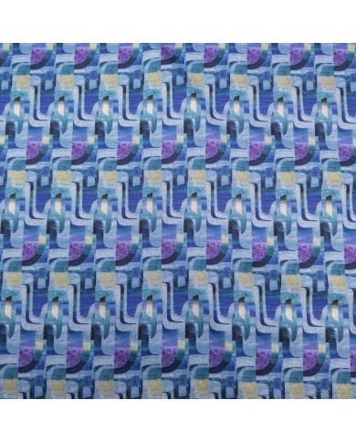 Jerse tweed dublat cu imprimeu geometric în nuanțe de albastru și mov