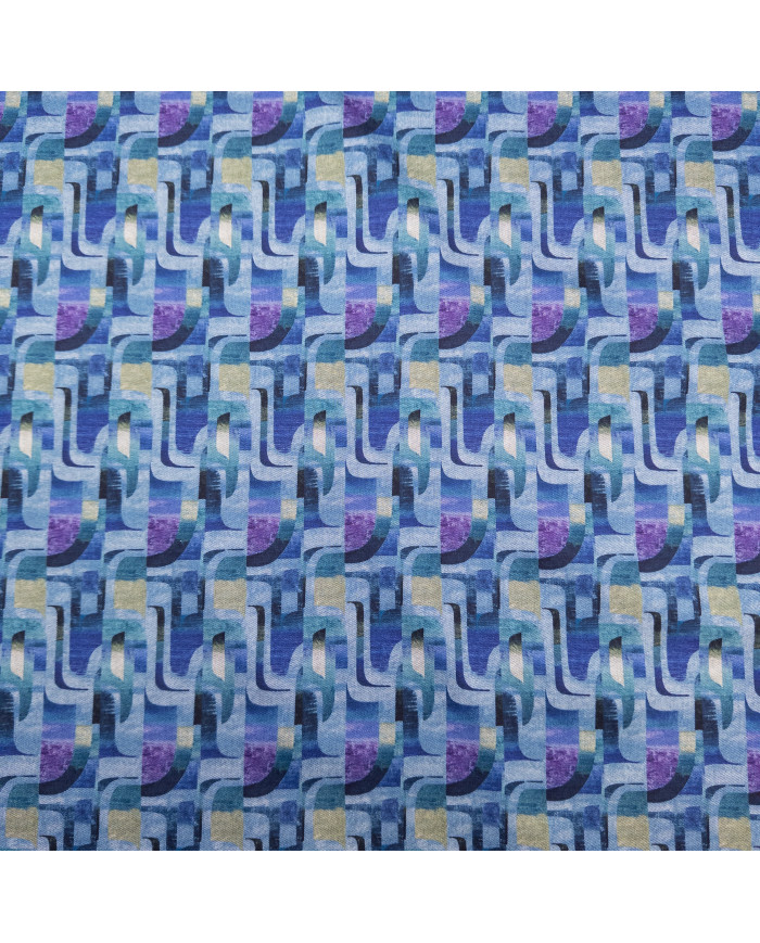 Jerse tweed dublat cu imprimeu geometric în nuanțe de albastru și mov