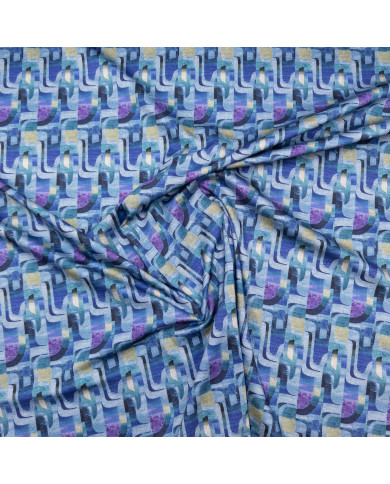 Jerse tweed dublat cu imprimeu geometric în nuanțe de albastru și mov