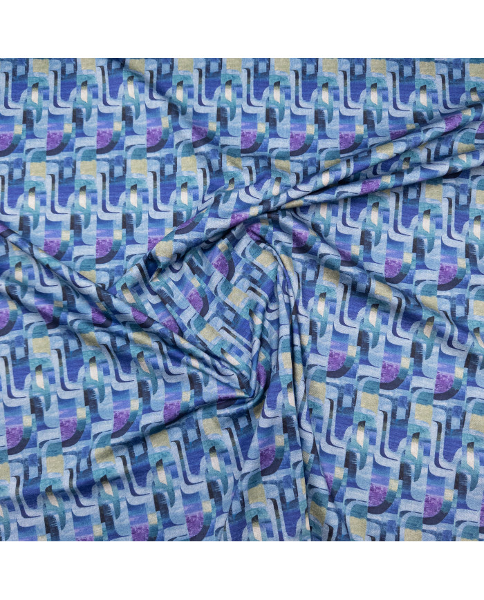 Jerse tweed dublat cu imprimeu geometric în nuanțe de albastru și mov