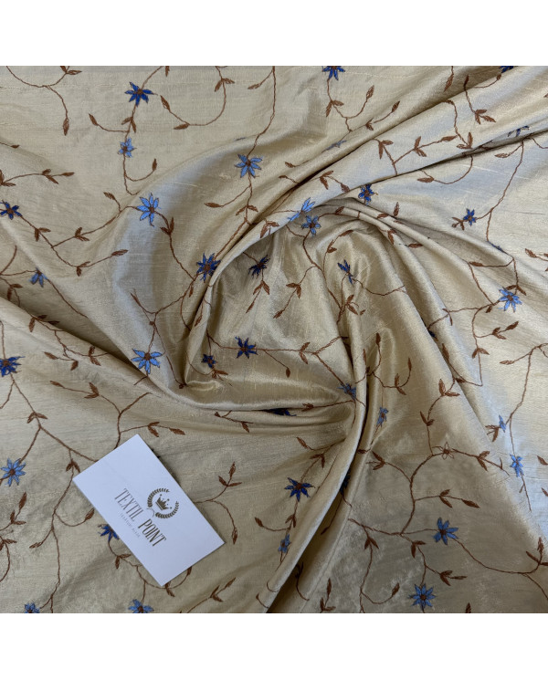 Shantung de mătase “Jude”  beige cu flori brodate