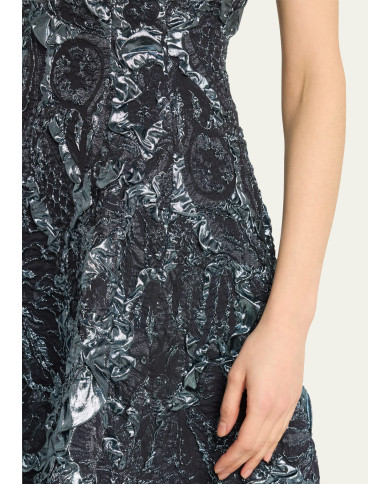 Jacquard metalic gofrat din mătase si lurex